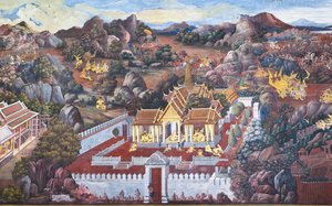 Fresques représentant des scènes du Ramakian au Wat Phra Kaeo, Palais Royal, Bangkok, Thaïlande - Thai School