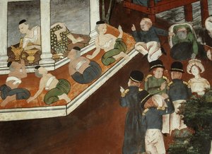 Dame du palais recevant des marchands musulmans et des marins occidentaux, école Rattanakosin - Thai School