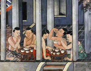 Personnes mangeant à des tables rondes basses appelées Kantoke, milieu du XIXe siècle