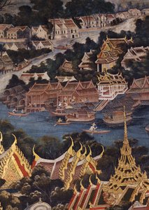Vue du Palais Royal de Bangkok, de la rivière Chao Phraya et de Tonburi, montrant des maisons thaïlandaises en bois et des habitations chinoises en brique et stuc, 1864 - Thai School