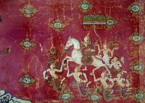 Bouddhisme : scène de la vie de Bouddha : le Grand Départ (détail)
