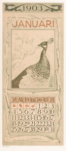 Feuille de calendrier de janvier avec paon - Theo van Hoytema