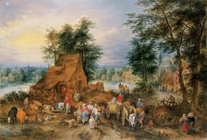 Une scène de village avec des paysans au travail