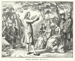 La Cour des Muses de Weimar : le poète et dramaturge allemand Friedrich Schiller lisant au château de Tiefurt, avec Christoph Martin Wieland, Johann Wolfgang Goethe et Johann Gottfried Herder parmi les auditeurs (gravure) - Theobald Reinhold von Oer