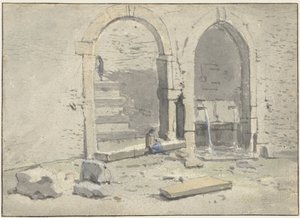 Fontaine contre un mur de ville, avec un escalier intégré - Theodoor Wilkens