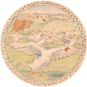 Vaches paissant et oies criant (esquisse pour un plat en céramique)
