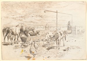 Chevaux, veaux et oies au puits hollandais sur Saltholm