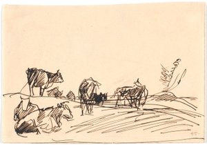 Paysage avec des vaches couchées et debout