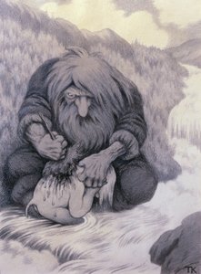 Le troll lavant son enfant