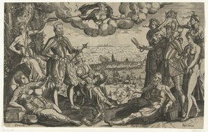 Comparaison entre Orange et Alva, avec en arrière-plan la Furie espagnole, vers 1577 - Theodor de Bry (attributed to)