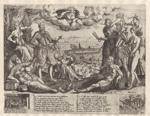 Comparaison entre Orange et Alva, avec en arrière-plan la Furie espagnole, vers 1577 - Theodor de Bry (attributed to)