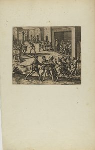 (Jacobus Almagrus a Ferdinando Pizarro Invincula Coniicitur in Carcere....) (extrait du livre Americae, sixième partie) - Theodor de Bry