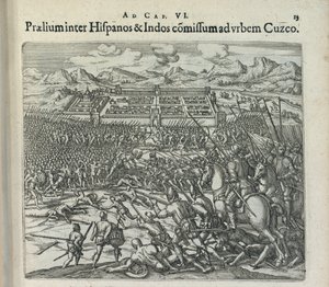 Bataille entre les Espagnols et les Indiens aux portes de Cuzco, 1596 - Theodor de Bry