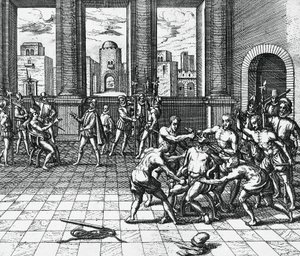 Empereur Inca Atahualpa étranglé par les troupes de Pizarro, 26 juillet - Theodor de Bry