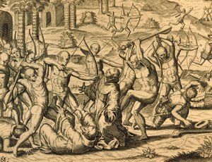 Martyr des moines missionnaires en Amérique du Sud, gravure de Historia americae, par Theodor de Bry (1528-1598), Francfort