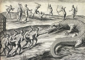 Amérindiens nus chassant des alligators en Floride, USA