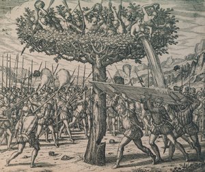Indigènes se cachant dans les arbres combattant les conquérants - Theodor de Bry