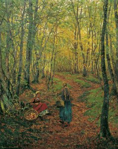 Intérieur de forêt avec une fille cherchant des champignons - Theodor von Hormann