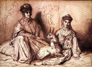 Femme arabe et fille avec une gazelle