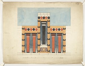 Peinture ré-imaginant le Sanctuaire Tri-partite Central dans la Cour Centrale du Palais de Minos à Knossos (Plans Architecturaux d