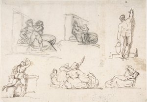Six études de personnages, dont quatre pour « La pauvre famille italienne » - Theodore Gericault