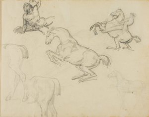 Croquis : Nu allongé, un cavalier et divers chevaux - Theodore Gericault