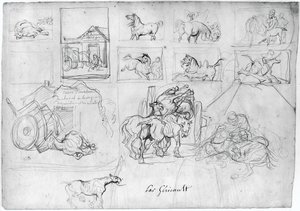 Étude de chevaux (recto) ; Une charrette suivie d
