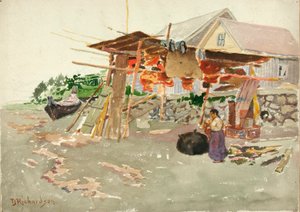 Séchage de saumon, village indien, Alaska