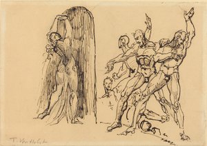 Cinq hommes nus gesticulant alors qu