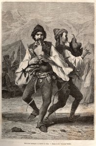 Musiciens Morlac (ou Monténégrins) du district de Zara, portant le costume local : chemise en toile blanche et par-dessus un gilet brodé, une ceinture cloutée de cuivre et d