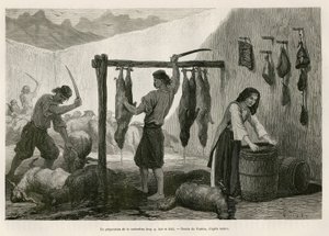 La préparation de la castradina, spécialité de viande de mouton et de chèvre salée et boucanée, vers la fin octobre, en Dalmatie (Istrie et Herzégovine) (illustration du voyage au Monténégro, 1874, par Charles Yriarte) - Theodore Valerio