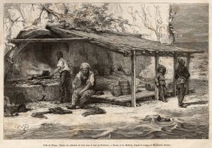 Un pavillon de pêche au thon dans la baie de Proelucca, golfe de Fiume (ou Rijeka, Istrie), trois des pêcheurs dorment encore, enveloppés dans des couvertures, un autre s