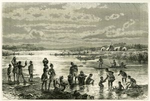 Vie sur les rives du fleuve Zambèze, les marutses sont très préoccupés par leur propreté et le lavage pour eux est une activité de première nécessité. Gravure de Th. Weber, pour illustrer l