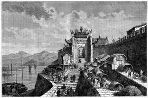 Vue de la porte de Shanghai sur le fleuve Huangpu, Chine dans les années 1870-1880. Gravure d