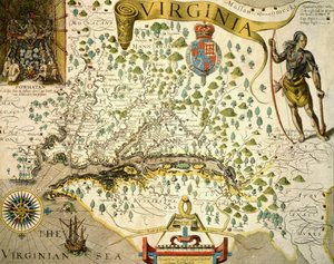 Carte de Virginie, montrant en haut à gauche une image du chef Powhatan par John Smith (1580-1631) 1624