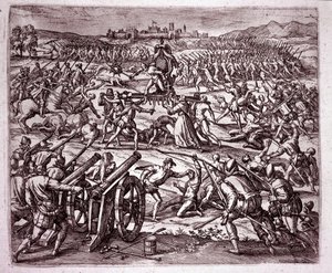 Un moine dominicain, se sentant moqué par le roi inca Atahualpa (Atabaliba), encourage Francisco Pizarro à se venger (Gravure)