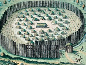 Un village indien fortifié, Illustration du Discours de la Floride, gravure - Theodore de Bry
