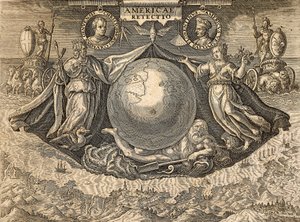 Allégorie des Indes occidentales ou des Amériques, avec portraits des navigateurs Christophe Colomb et Amerigo Vespucci - Theodore de Bry