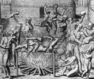 Repas anthropophage : Cannibales au Brésil - dans « Admirante Narratio Americae », par Théodore de Bry