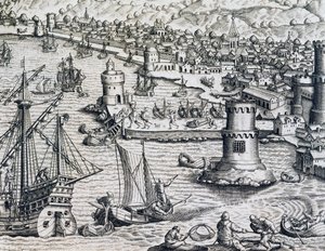 Arrivée de Girolamo Benzoni au port de La Palma, gravure de Historia Americae, par Theodor de Bry (1528-1598), Francfort - Theodore de Bry