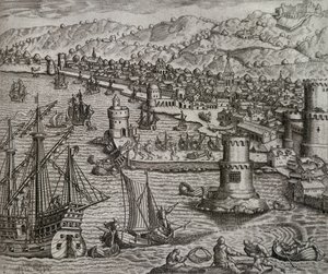 Arrivée de Girolamo Benzoni dans le port de Las Palmas lors de son voyage en Amérique (1541), Îles Canaries, gravure de Theodor de Bry (1528-1598) - Theodore de Bry