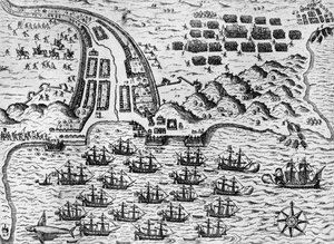 Attaque de Santiago le 27 novembre 1585 (gravure) - Theodore de Bry