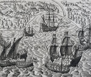 Bataille devant la ville de Matical dans la baie du Bengale, gravure de Indiae Orientalis, par Theodor de Bry (1528-1598) - Theodore de Bry