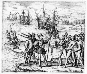 Christophe Colomb (1451-1506) recevant des cadeaux du cacique, Guacanagari, à Hispaniola (Haïti) de 