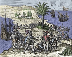 Christophe Colomb et son frère arrêtés par Francisco de Bobadilla en 1500. Gravure de Théodore de Bry (1528-1598). - Theodore de Bry