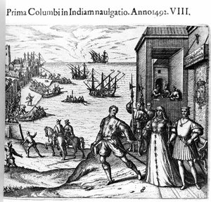 Christophe Colomb et les frères Pinzon quittant le port de Palos en Espagne le 03/08/1492 pour le Nouveau Monde. À droite, le roi et la reine du Portugal, Ferdinand II d