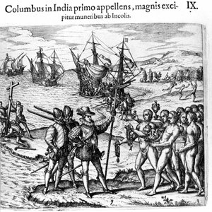 Christophe Colomb arrive aux Antilles. Gravure de Théodore de Bry dans « Admirante Narratio - Americae » - Theodore de Bry