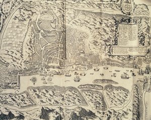 Ville de Goa en Inde, gravure de Theodor de Bry (1528-1598) du récit de voyage du marin Jan Huyghen van Linschoten en Inde portugaise 1579-1592), 16ème siècle
