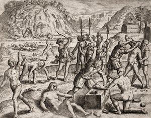 Description des crimes infligés aux Indiens par les colons espagnols - Conquistadors massacrant un village indien. Amputations des mains - Gravure de Théodore de Bry dans "Narratio regionum indicarum per Hispanos quosdam devastatarum verissima" par Bartolo - Theodore de Bry