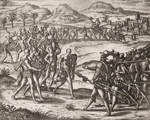 Description des crimes infligés aux Indiens par les colons espagnols - Indiens apportant des cadeaux et de l